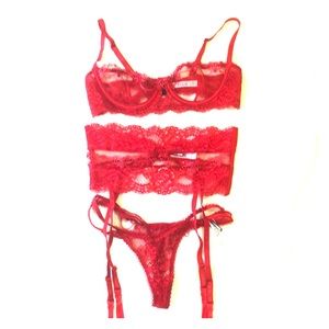 Red bra, garter belt, thong set